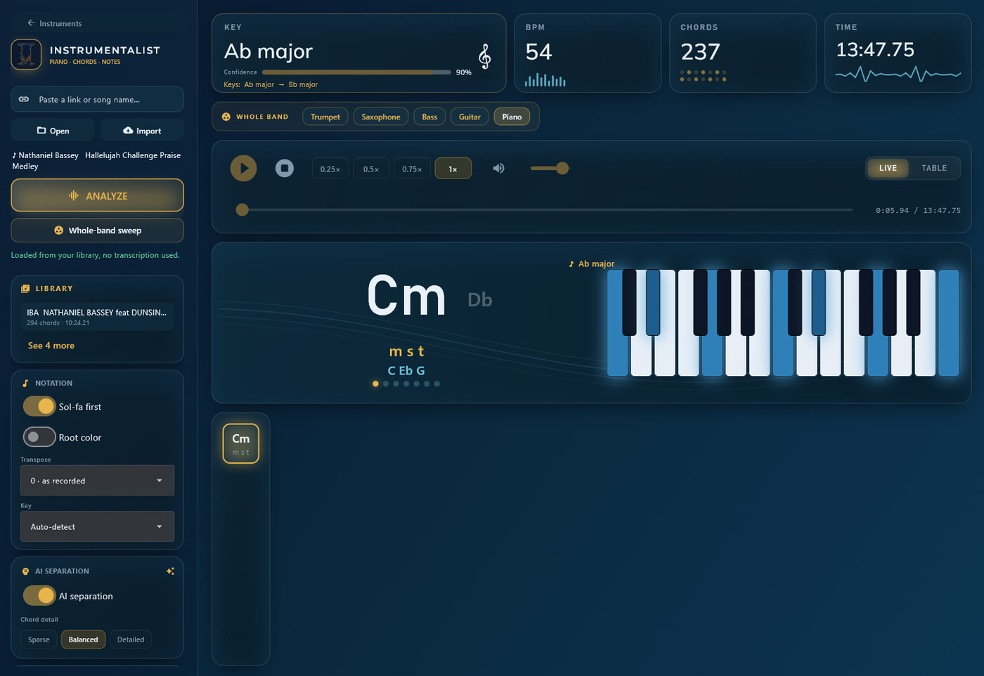 The piano workspace: a large chord name with a keyboard diagram showing which keys make up the chord.