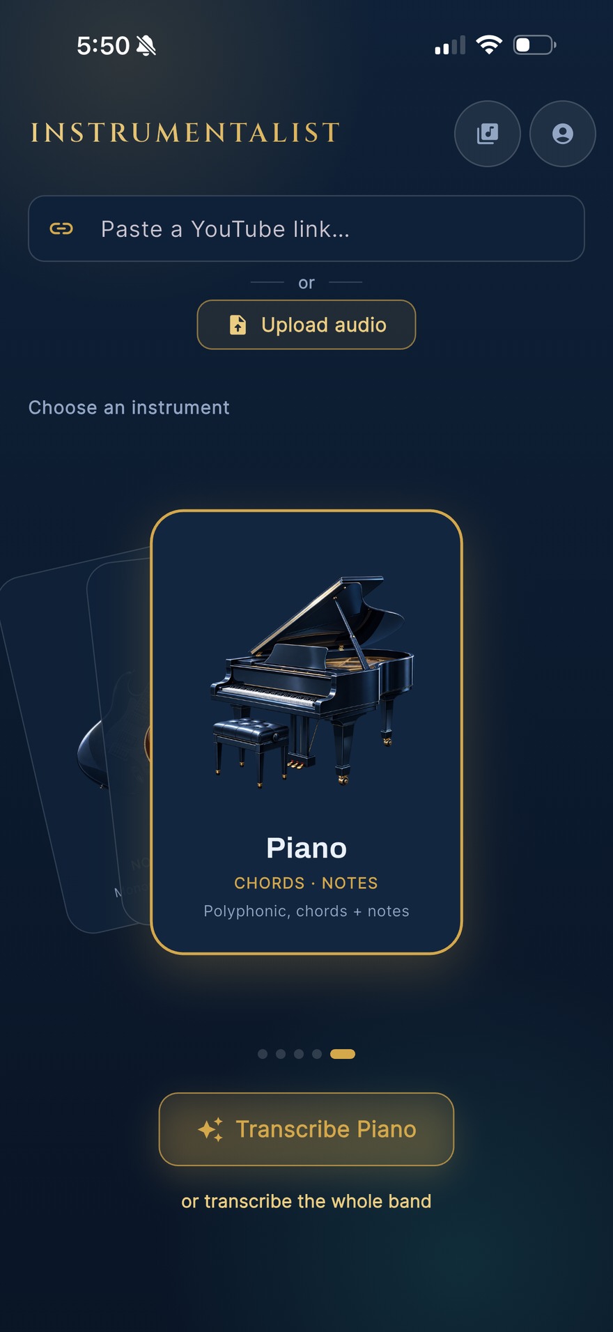 Pasting a YouTube link and choosing an instrument